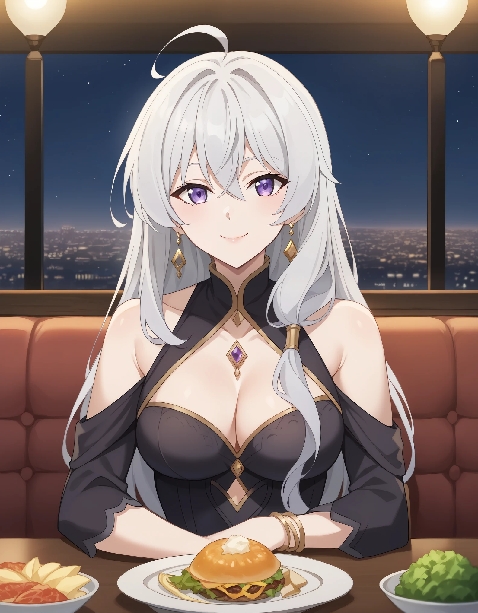 score_9, score_8_up, score_7_up, rating_safe, CONCEPT_PovDating_ownwaifu, solo,1girl,elaina \(majo no tabitabi\),purple eyes, grey hair, white hair, long hair,ahoge, medium breasts, looking at viewer, indoors, pov across table, sitting, upper body, chair, pov dating, Smile sweetly, night, restaurant, drinks, foods, dishes, luxurious dress, deep cleavage, bare shoulder, night background