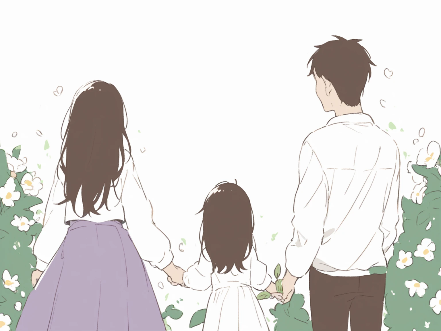 woman, child and man, hold hands, stand back, flowers around 