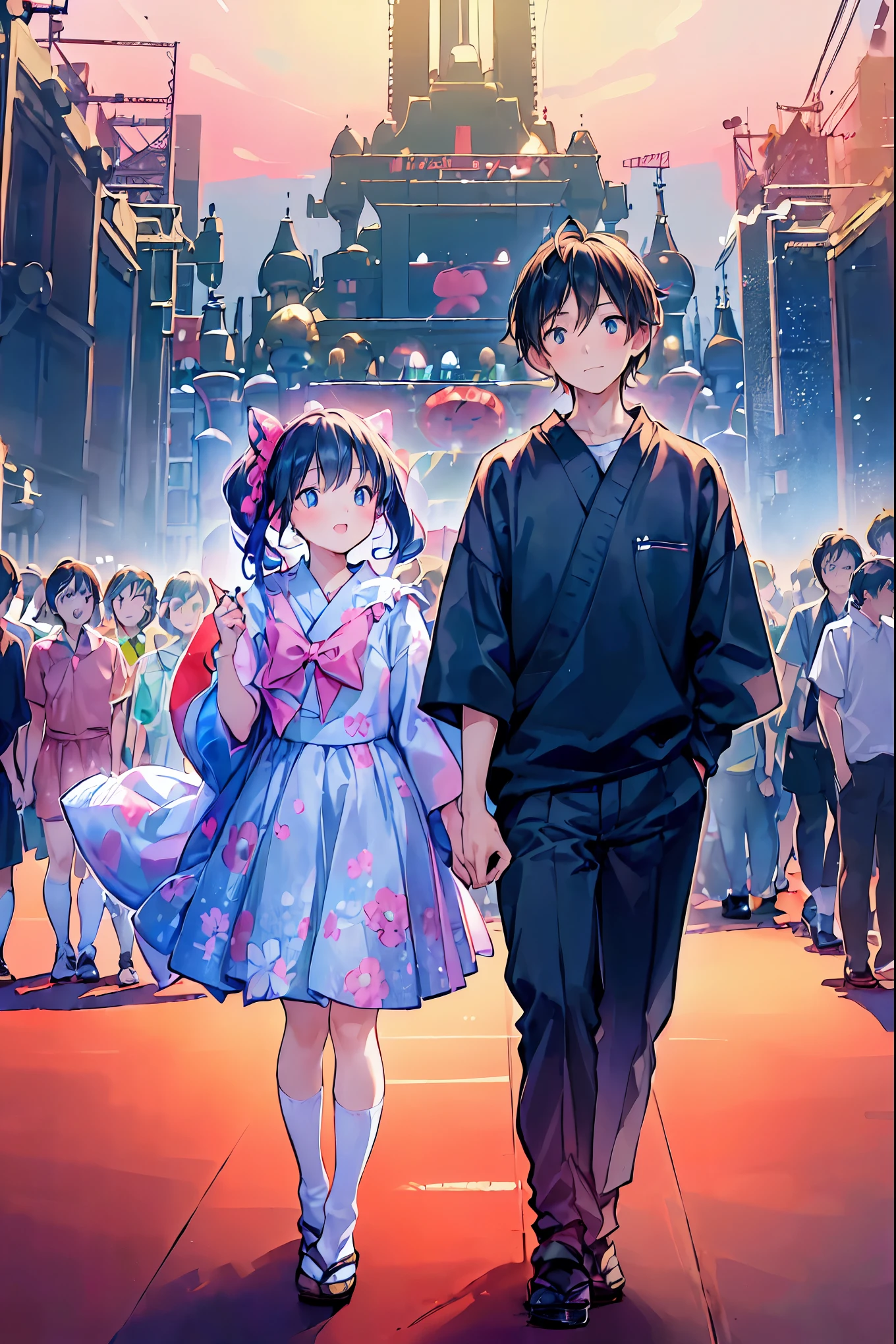 ((In the middle of the crowd at Tokyo Disneyland(((From age 7))):1.3)),Young couple, Full of excitement and tension, Walk through the vibrant and magical atmosphere of Tokyo Disneyland, , Stand Tall, It&#39;s casual clothing、An athletic physique that suggests training. Next to him, The girl smiles shyly, Cute clothes, Her eyes were sparkling with happiness.Exploring the park, The iconic Cinderella Castle looms in the background, Warm sunshine，Immerse yourself in the vibrant and cheerful atmosphere of Disneyland，Families and couples pass by, Brown Hair，Shortcuts，Messy Hair，Short braided hair，Neat，Slender beauty，A dignified posture，Small chest，Beautiful feet，Her captivating grey-blue eyes shine like stars，Vibrant colors,Beautiful Eyes,A delicate smile,Textured Skin,The best quality at its best,A kind and beautiful woman,Anime Style､