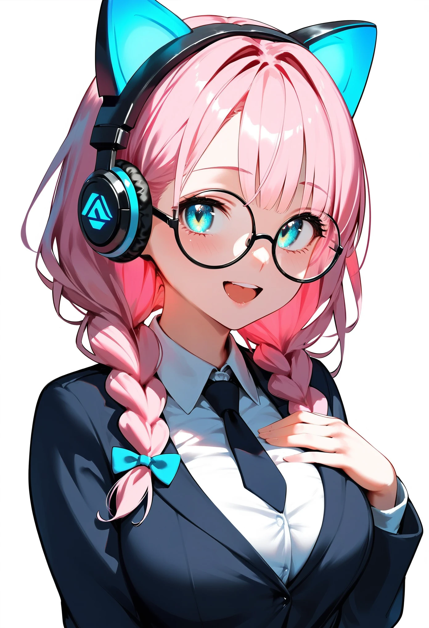 (best quality:1.2), (ultra-detailed:1.2), (2.5D:1.2), (Anime Moe Art Style), 1girl , pink hair, Cyan eyes, gradient eyes, twin braids, blue Glowing cat ear headphones, black round glasses, secretary suit, smile beam, open mouth, hand on own chest, white background,