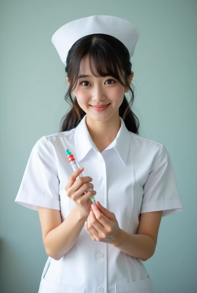 A beautiful Japanese female nurse in short sleeve nurse uniform and nurse cap.  She is preparing a syringe. ready to make an injection on the patient.
No blurry picture.