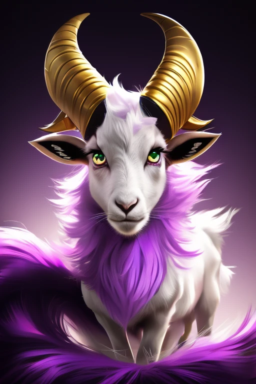 Purple Hair, White fur, Black Hoof, Black winding angle, Green Eyes, Golden Monocle, Goat Girl, Goat Face, Fluffy, furry