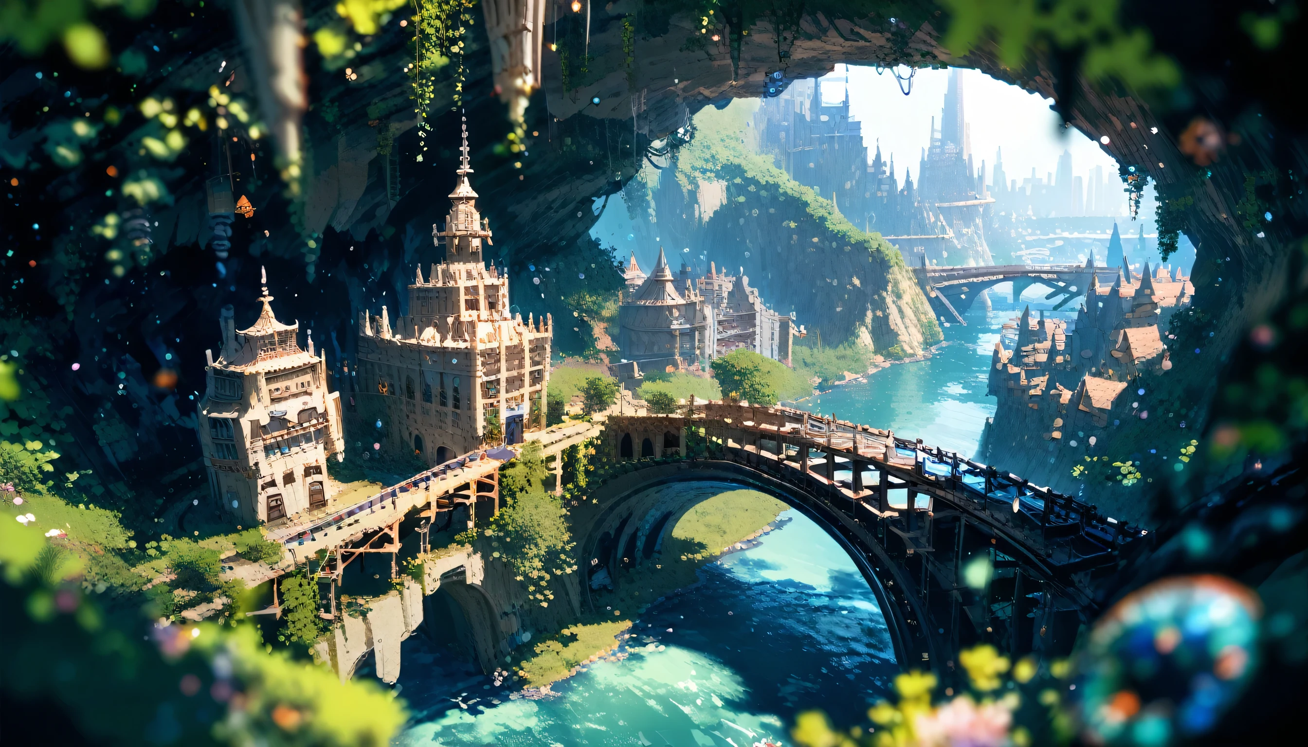 masterpiece, newest, absurdres, score_9, score_8_up, score_7_up, source_anime, depth of field, no humans, cave, (fantasy), nature, wide shot, landscape, tower, city, dark, city light, building, river, stalactite, bridge, underground, shadow, indoors