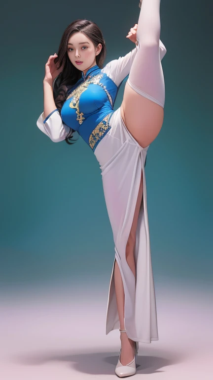 Wearing a Vietnamese blue Ao Dai costume、(aodai,There is a long, large slit),Japanese woman doing a high kick、(Long legs、Model body type,Large Breasts)、The leg in the high kick is extended above the head,Her legs are beautifully long。Front View,Full body portrait,The background is inside the training gym..