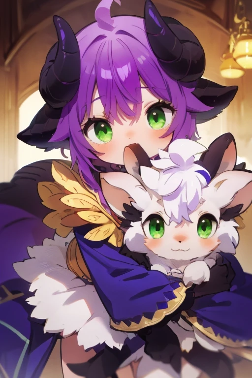 Purple Hair, White fur, Black Hoof, Black winding angle, Green Eyes, Golden Monocle, Goat Girl, Goat Face, Fluffy, furry