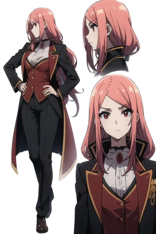 Mary in an elegant leotard, tailcoat, red eyes, rad hair, long hair, top side view