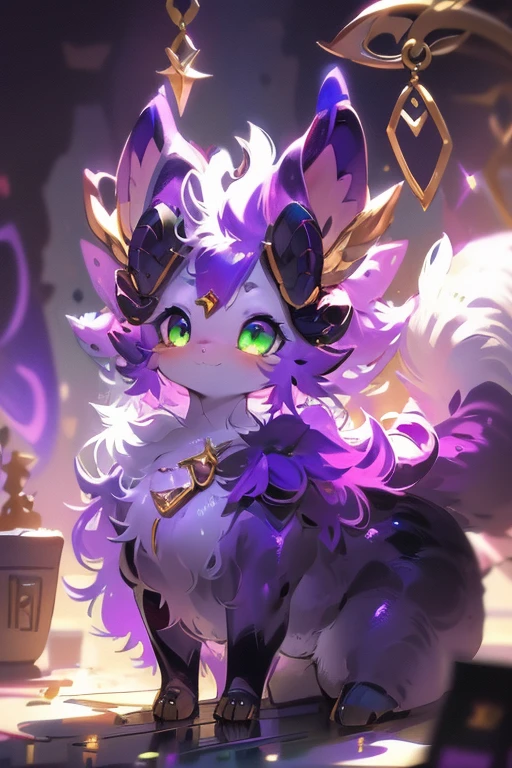 Purple Hair, White fur, Black Hoof, Black winding angle, Green Eyes, Golden Monocle, Goat Girl, Goat Face, Fluffy, furry