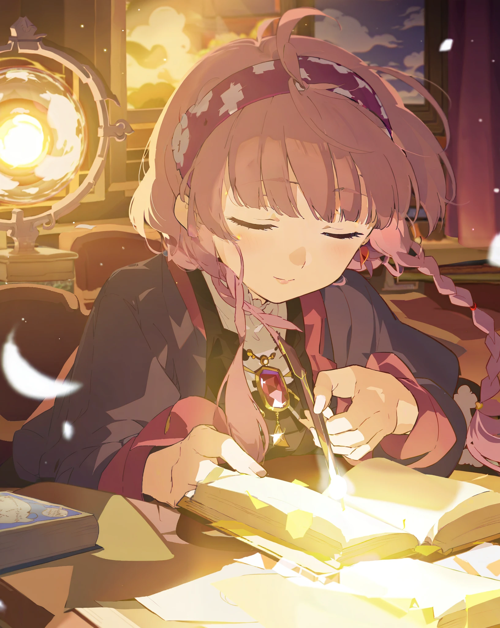 (:1.3), 1 Girl,,Solitary, Book,Pink low double braid，Close your eyes，，Book, Retro headband, Bangs,Black wizard robe，Sparkling ruby pendant1.1，Upper body, open Book,在图Book馆，Movie Lighting，Warmth，Book架背景，European classical style，Book中开出绣球花，A magical dreamlike scene，Book中的光粒子