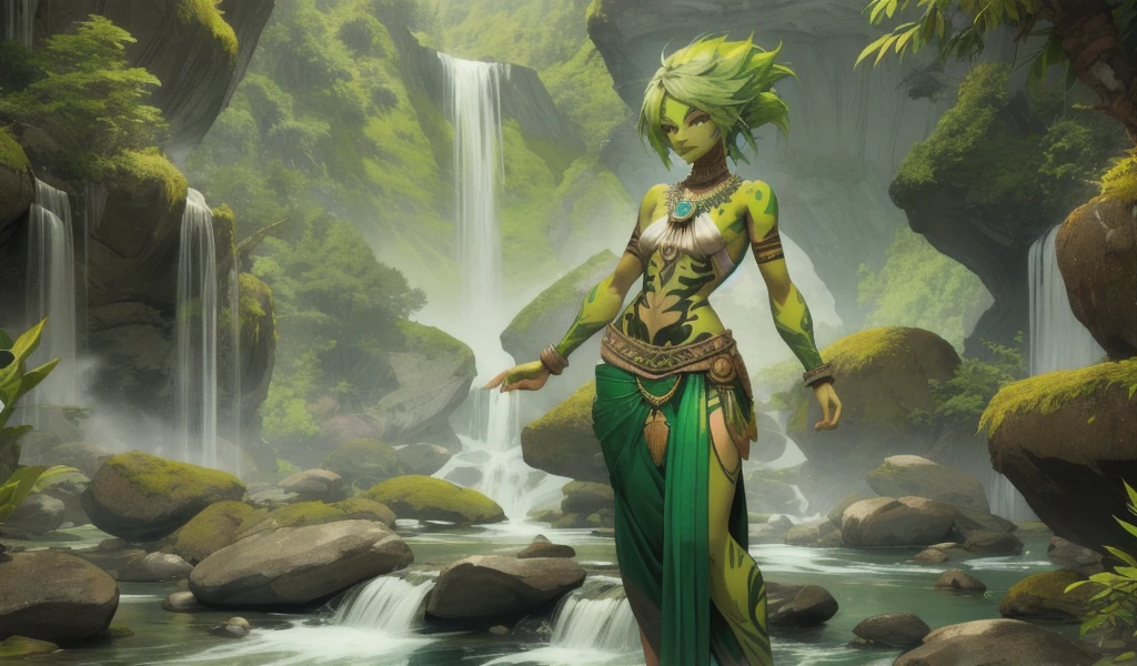 Woman with green hair and green skin，indian clothing，Full body tattoo，short man，Bare arms，Bare waist，slim figure，thigh，Mountain stream