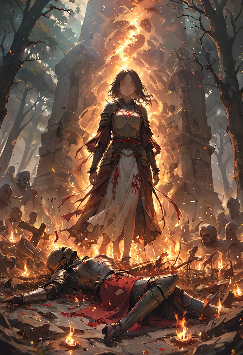 A moonlit forest clearing, surrounded by twisted, leafless trees, at the center, a young woman stands before a makeshift shrine, her face is marked with ritualistic symbols, her eyes are hollow and filled with rage, holding a burning torch in one hand and a jagged dagger in the other, the shrine is constructed of bones, tattered cloth, and religious icons defaced and scorched, the flames of the torch flicker wildly, casting unsettling shadows on the ground, around her feet are offerings — blood-stained herbs, broken religious charms, and pieces of armor from fallen soldiers, the woman’s expression is one of hatred and loneliness, as she raises the dagger toward the shrine, a vow of revenge on her lips.