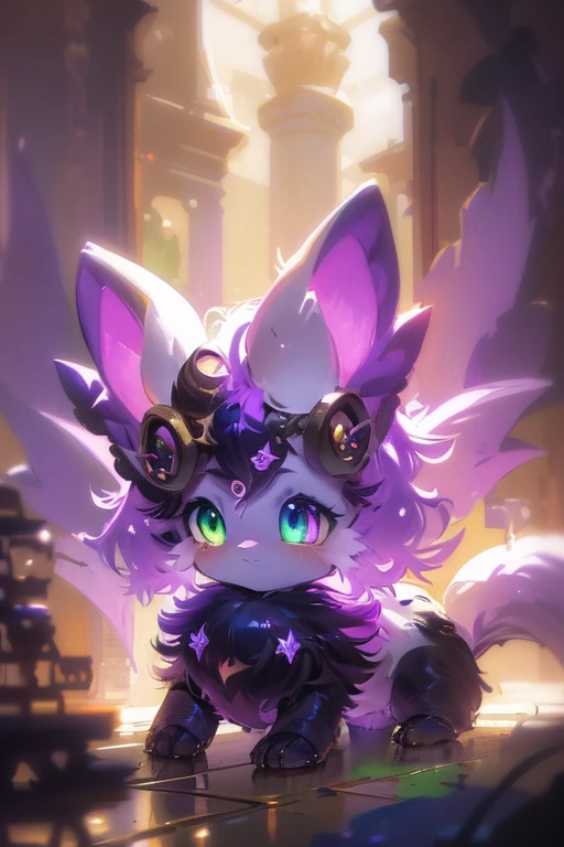 a female goat creature, 1girl, purple hair, white fur, black hooves, black curling horns, green eyes, golden monocle, fluffy, detailed facial features, hyper detailed, intricate, extremely detailed, masterpiece, cinematic lighting, fantasy, digital painting, concept art, vibrant colors, photorealistic, 8k, best quality