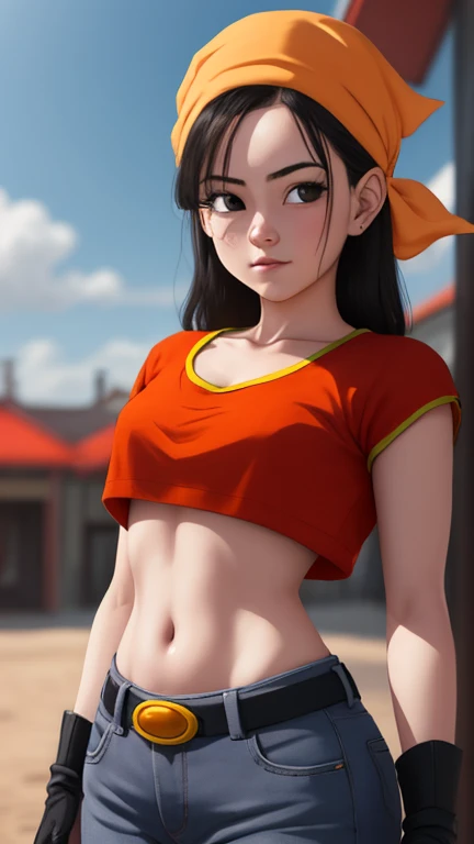 1 eighteen year old girl, Realistic 1.2, perfect face, perfect eyes, pan dragon ball gt, black eyes, black hair, short hair, orange bandana, pants, fingerless gloves, red shirt, crop top, outdoor, vfx (Visual Effect) highlights the intricate anatomical features in a perfect way. sfx, complement visual art, immersing the viewer. The level of detail is inspiring, with intricate elements meticulously crafted, Volumetric effects add depth and dimension, and the photorealism is unmatched. The image is rendered in 8K resolution, ensuring super detailed visuals. Volumetric lightning adds a touch of magic, highlighting your beauty and aura in a supernatural way. A tecnologia High Dynamic Range (HDR) makes the cores stand out, adding richness to the overall composition. Finally, this art presents an unreal portrait.