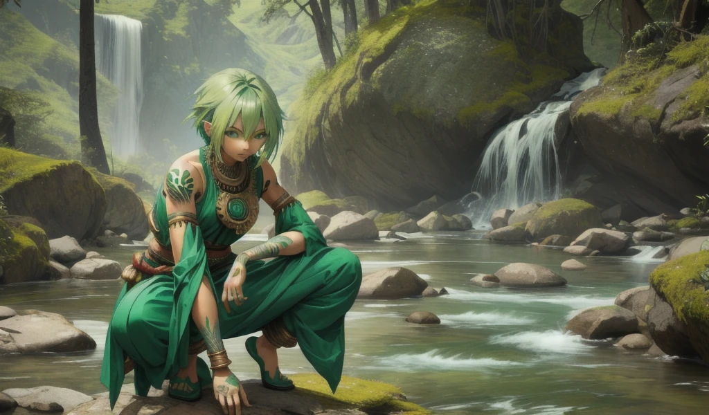 green hair green skin female，indian clothing，Full body tattoo，short man，Bare arms，Bare waist，slim figure，thigh，Squat down，Mountain stream