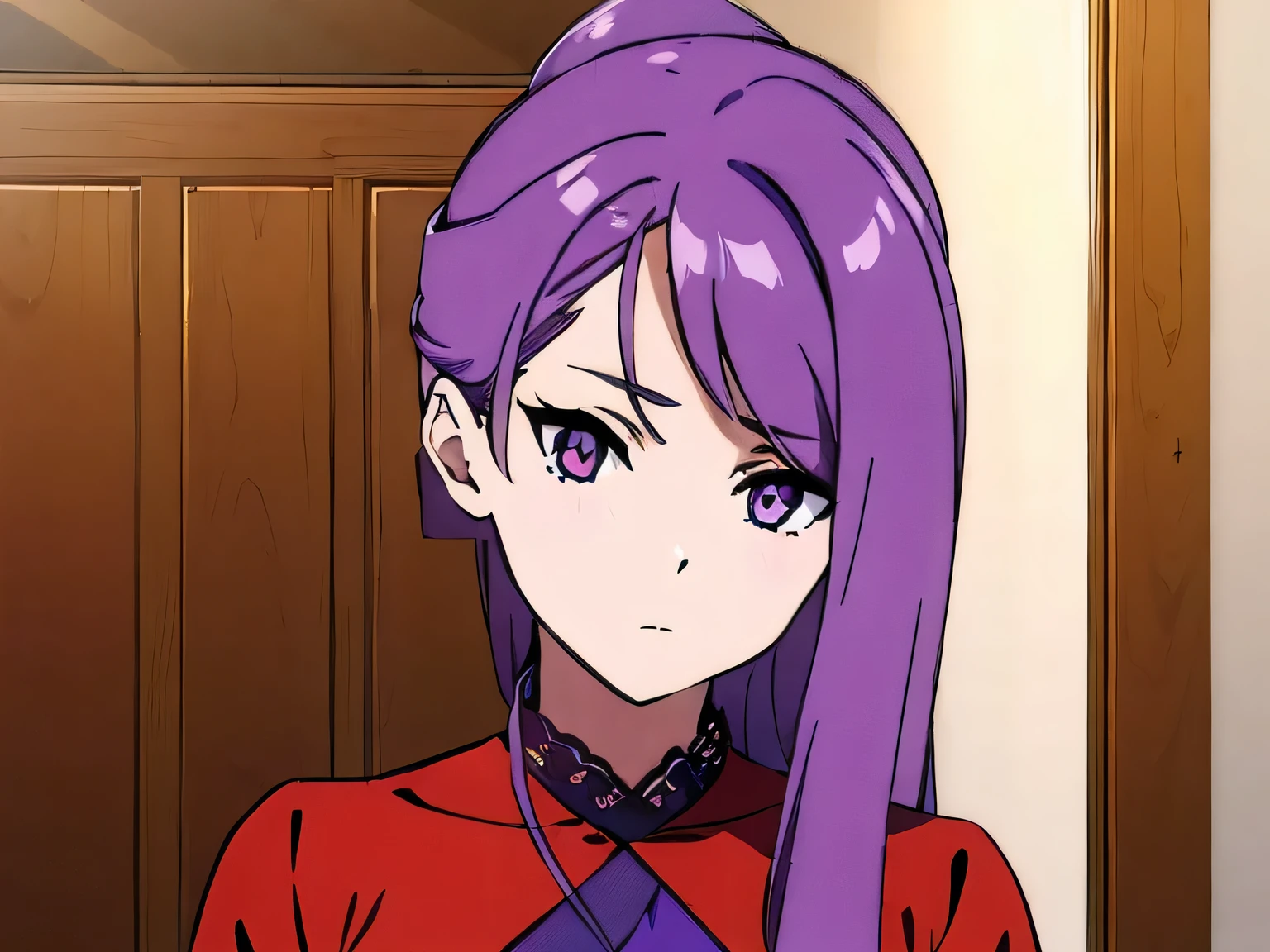 (masterpiece:1.5), high quality, detailed, 1girl, slender, ****, pefect face, expressionless face, sily straight hair, purple hair, (forelock parted to one side at 7 to 3 ratio:1.4), pefect eyes, upturned eyes, scornful eyes, wear long red dress, curtsy, room in rag house, looking at viewer, whole body 