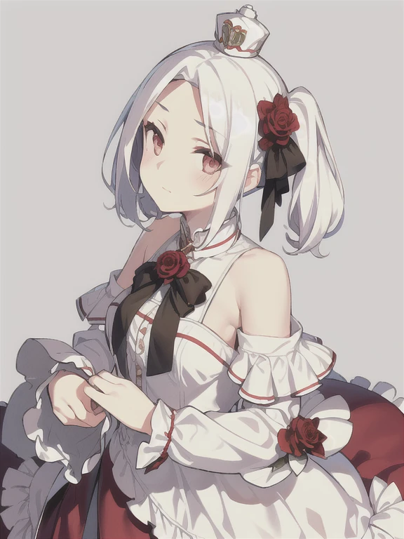 Vittorio_Veneto \(warship girls r\),((masterpiece)),(((best quality))),((ultra-detailed)),((illustration)),((disheveled hair)),((frills)),(1 girl),(solo),A mature and youthful anime woman, seductive and elegant personality, in a long red and white classy gown, with long sleeve and a really long train attached to her dress, and she is also wearing a hat, pose with a portrait like image, her shoulders up, one hand holding a rose, the other hand stroking her chin gently, and facing towards her from the her back view ,White short hair(delicate eyes),twintails,