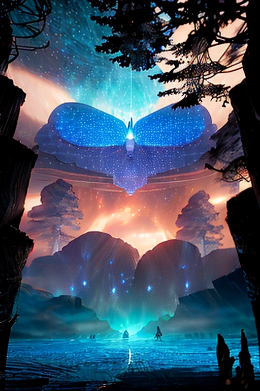 beautiful butterfly with glowing wings, tall trees, glowing butterfly, detailed butterfly, detailed wings, detailed trees, fantasy, magical, cinematic lighting, vibrant colors, ethereal, dramatic, (best quality,4k,8k,highres,masterpiece:1.2),ultra-detailed,(realistic,photorealistic,photo-realistic:1.37),detailed nature,glowing cosmos,bioluminescent,mystical,surreal,dramatic lighting