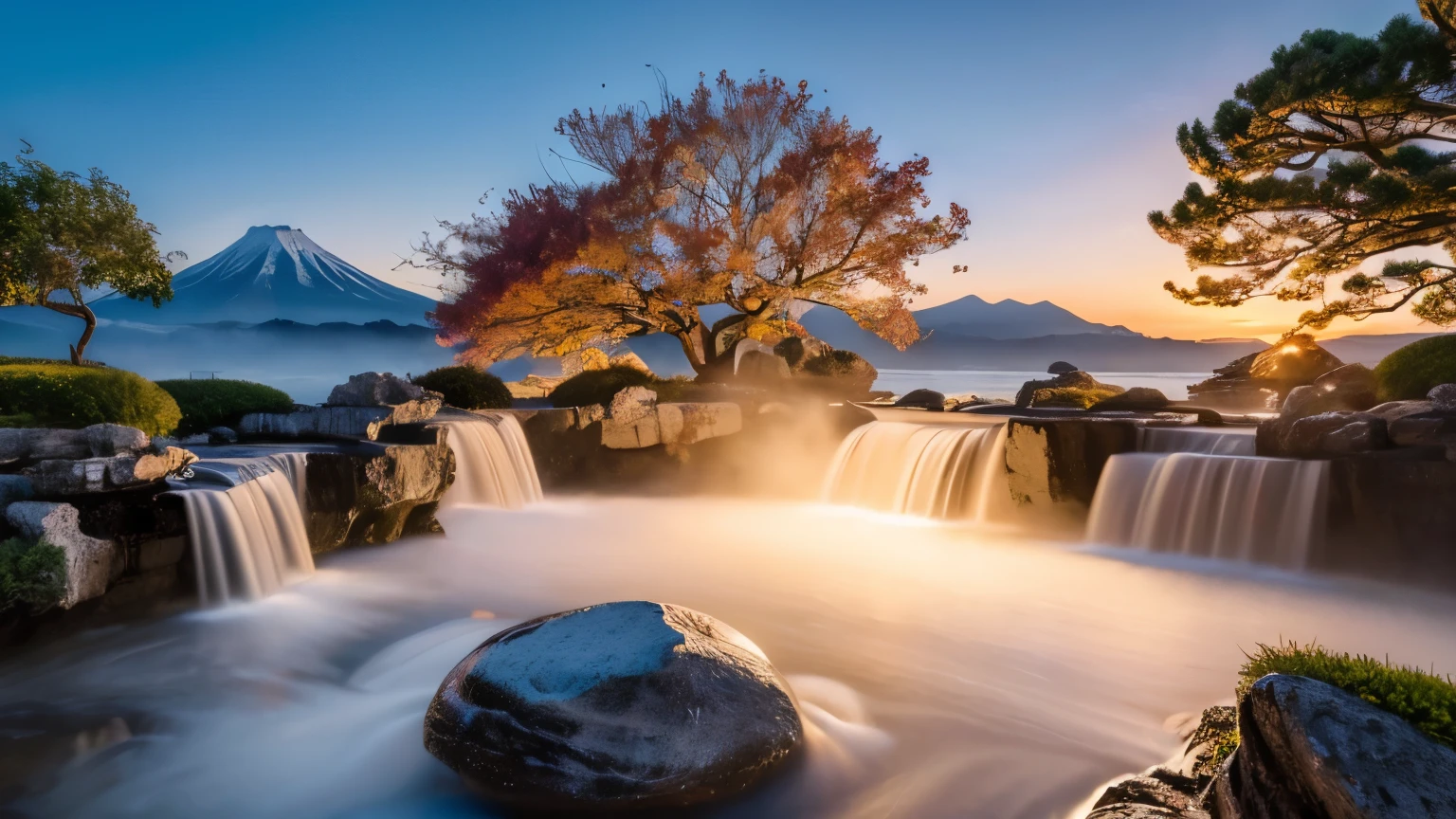 Create a serene and mystical cover image representing the connection between the Breath Techniques in Demon Slayer and Japanese mythology. The scene should feature elements of fire, water, wind, and stone subtly integrated with traditional Japanese Shinto shrines, symbolizing nature's power and sacredness. In the background, depict a spiritual and tranquil atmosphere with mountains, ancient trees, and a soft sunrise or sunset glow, reflecting the divine connection to nature. Use a balanced color palette with soft tones that evoke calm and reverence. No text should be included in the image.