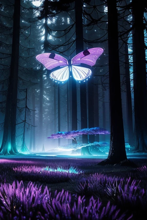 beautiful butterfly with glowing wings, tall trees, glowing butterfly, detailed butterfly, detailed wings, detailed trees, fantasy, magical, cinematic lighting, vibrant colors, ethereal, dramatic, (best quality,4k,8k,highres,masterpiece:1.2),ultra-detailed,(realistic,photorealistic,photo-realistic:1.37),detailed nature,glowing cosmos,bioluminescent,mystical,surreal,dramatic lighting