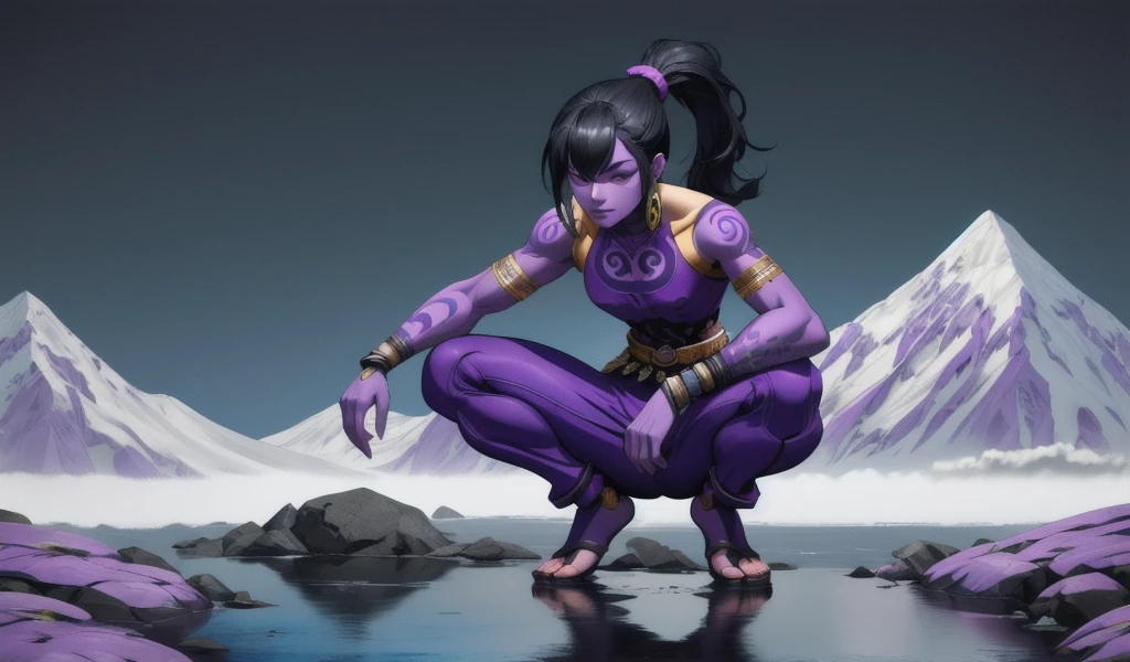 Black hair, short ponytail, purple skin woman，indian clothing，Full body tattoo，short man，Bare arms，Bare waist，slim figure，thigh，Squat down，Mountain stream