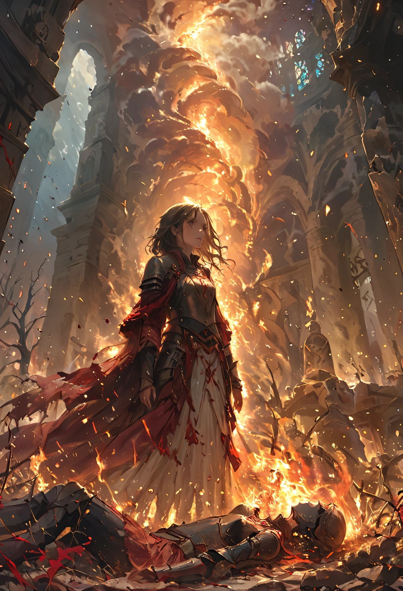 A moonlit forest clearing, surrounded by twisted, leafless trees, at the center, a young woman stands before a makeshift shrine, her face is marked with ritualistic symbols, her eyes are hollow and filled with rage, holding a burning torch in one hand and a jagged dagger in the other, the shrine is constructed of bones, tattered cloth, and religious icons defaced and scorched, the flames of the torch flicker wildly, casting unsettling shadows on the ground, around her feet are offerings — blood-stained herbs, broken religious charms, and pieces of armor from fallen soldiers, the woman’s expression is one of hatred and loneliness, as she raises the dagger toward the shrine, a vow of revenge on her lips.