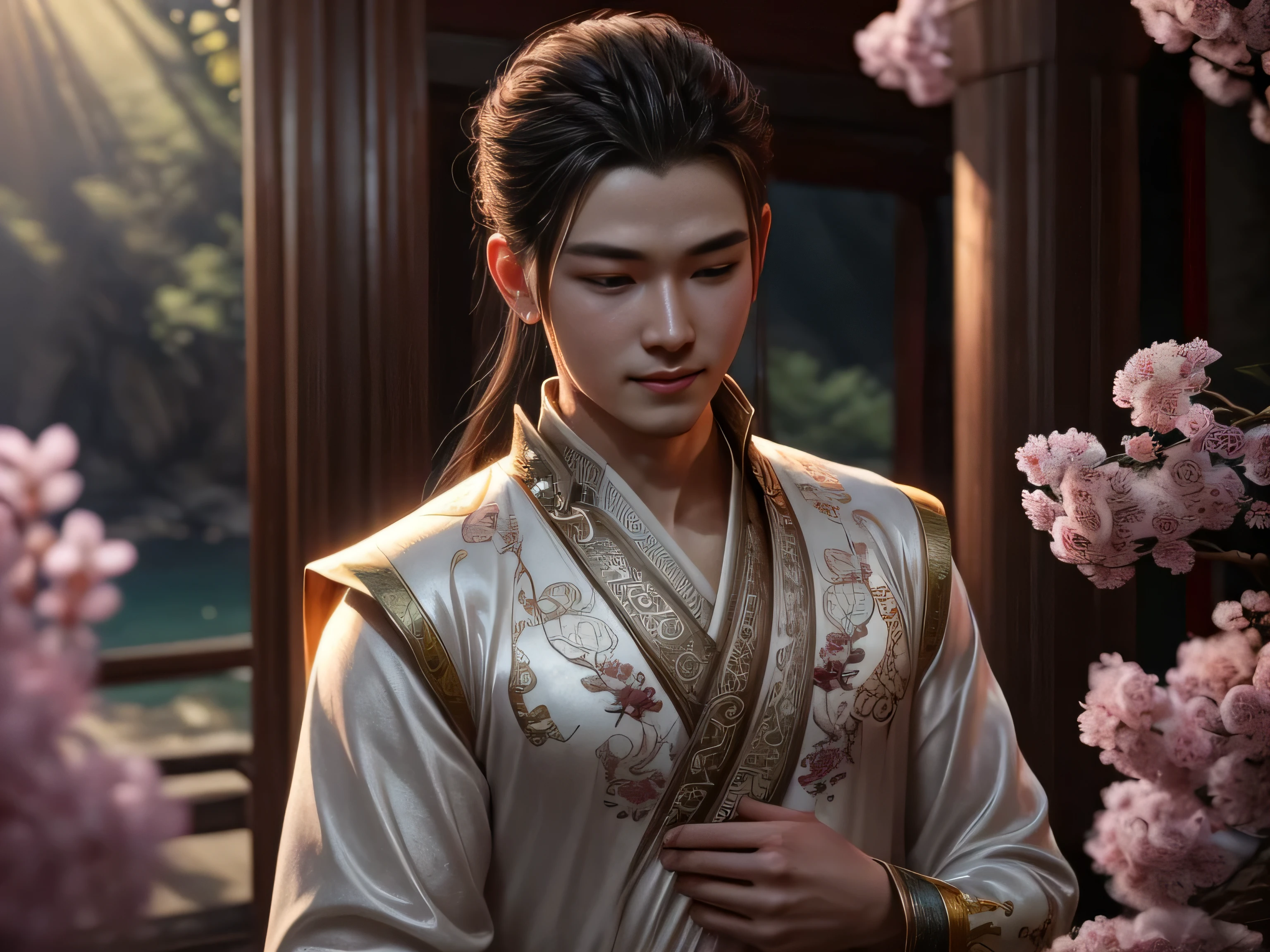 (Best Quality, Super Detail, Masterpiece, Representative Work, Official Art, Professional, Super Fine Detail, 8k:1.3), (photorealism:1.2), (Couple, Beautiful Girl and Boy), A couple in the sea of flowers, Handsome guy hugs beautiful girl from behind, Smiling and Wearing White Clothes, Delicate Hair, Ancient Chinese Beauty and Handsome Man, Wearing Ancient Chinese Clothes, Flowing Tulle, Light Silk, Create a movie poster similar to those used in Chinese romantic fantasy dramas, Perfect face, perfect hands, Sweet atmosphere, Photorealistic, Sharp Focus, Dreamy Atmosphere, Delicate Details, Soft Volumetric Light, (Backlight:1.3), (Cinematic:1.2), Intricate Details, (ArtStation:1.3)