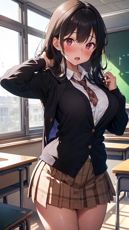 masterpiece, best quality, karin, 1girl, halo, black hair, long hair, yellow eyes, dark-skinned female, black skirt, , blue bowtie, blue cardigan, hands in pockets, collared shirt, long sleeves, large breasts, classroom, indoors, blush