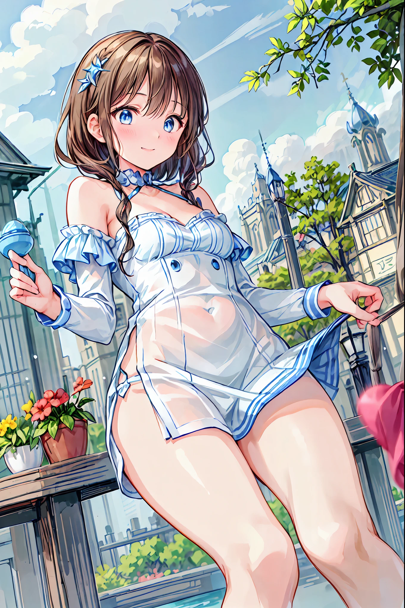 (best quality,4k,8k,highres,masterpiece:1.2),ultra-detailed,(realistic,photorealistic,photo-realistic:1.37),illustration,soft coloring,fantasy lighting,A girl in a garden,beautiful detailed eyes,beautiful detailed lips,extremely detailed eyes and face,long eyelashes,big breasts,breast nipples,curvy waistline,bare feet,thighs in view,bunny variant,captivating smile,short twin tails,cute little red ribbon,pool at night,rippling water waves,overall view,sensual,dominant,provocative,fan-shaped lashes,large pupils,collar,frills