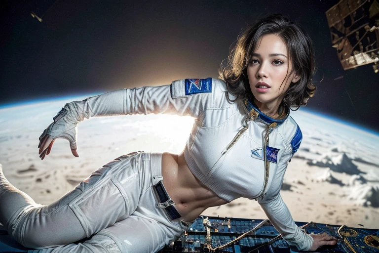 (8K、top-quality、​masterpiece:1.2)、(reallistic、Photorealsitic:1.37)、The ultra-detailliert、superrealism、(One woman on a spaceship)、157cm、tre anatomically correct、Looking at the camera、cute little、独奏、(Redness of the nose)、(A smile:1.15)、beautidful eyes、(long:1.2)、Floating hair、NovaFrogStyle、Brown hair、Black leather chair、cyberpunked、sit a chair、Opening legs、(((Inside the spacecraft)))、A beautiful command room that looks like a sci-fi movie、(((Small bikini with a small area)))、(((((a white bikini)))))、beautiful thigh、Open legs、(((((Inter-strands)))))、a miniskirt、cleavage of the breast、teats、(((((Spread legs wide)))))、Arms folded behind the head、((((((Wearing a flight jacket)))))