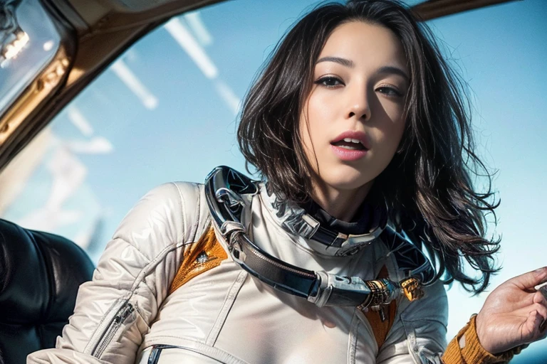 Astronaut white and gold trim bikini (small breast) and clear helmet, with a group of soldiers behind her, beautiful sci-fi art, beautiful smile, waiting for a kiss, turning and looking at the camera, space warrior, sunrise over solar punk city, stoner rock, mars invasion, epic album art cover, sexy movie photo, cinemascope panorama, high stylized and 1940’s poster, cosmic style, 8k cinematic, golden ratio, cosmic mayhem, light particles, wet look, golden hour, realistic, masterpiece, highest quality, lens flare, shade, bloom, [[chromatic aberration]]