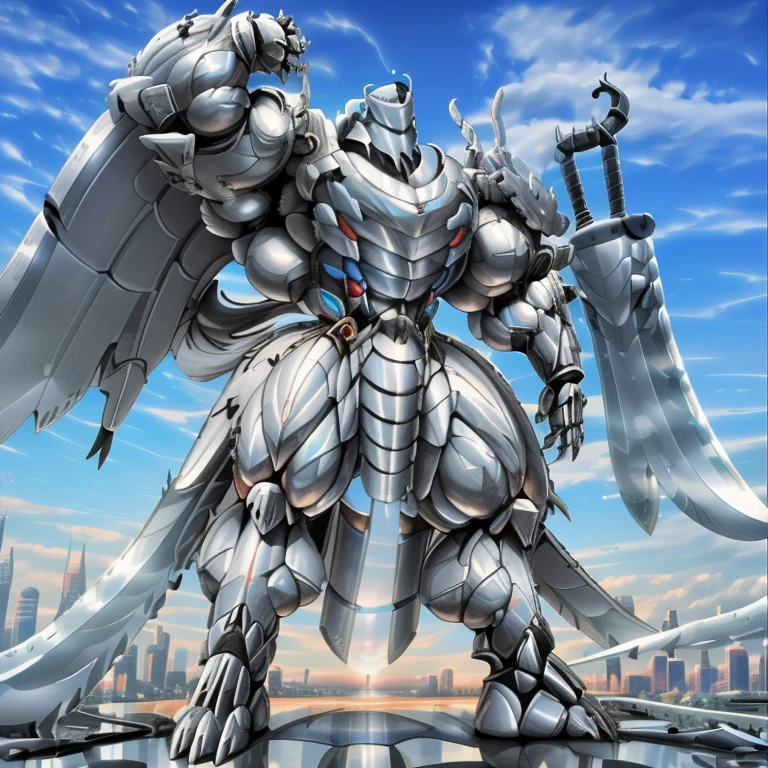 (masterpiece. official art. 8k. best quality. detailed full body. full body.)

(situation 1 : dominating Silver Samurai. Silver Samurai is over 1000 meters long. focus GIANT mechanical Muscular Silver Samurai is trampling the city. Looking down. macro. stomp. Low-angle perspective. emphasizing the immense size.)

(situation 2 :smoke and flames rising from the destruction in the city)

(Additional details 1: wearing a full-face helmet. high-tech bio-mecha armor. real texture material. whole body shines like metal. Wearing cyberpunk mecha. emphasizes the muscles. suit fully made of metal. intricate armor. Robotic suit. suit fully made of metal. cyborg. Powered exoskeleton with the same design as Silver Samurai).

(Additional details 2: (Detailed head. Detailed Body. Detailed abs. gigantic muscles. HYPER MUSCLES. Gigachad Muscular. big muscle. pecs. triceps. traps. unusually developed muscular body. body full of huge muscles. showing off muscles. pectorales enormes. Exaggeratedly huge muscles. huge muscles. long legs.).

(Additional details 3: Spread wings. It has wings. have big wings. The claws are sharp. Sharp teeth. 5 toes.).

(Additional details 4: SILVER color hyper penis. hyper SILVER penis. big penis)

(Additional details 5: melee weapon, weapon, armor, plate armor, sword, floating weapon, anthro, knight, clothing, helmet, detailed background, white fur, claws,)

(Silver Samurai, full armor, cyborg, science fiction, combat helmet)
(robot, mecha, holding, holding armor, holding weapon,)