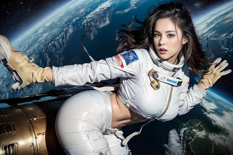 (smile)、(((Staring at the audience)))、((Wearing a space suit standing on the moon)),((White bikini shorts))、(((Spacewalk)))、wear spacesuits, 白いDressed in an astronaut costume, Cute girl in a tank top, girl in space, In space, (((Dressed in an astronaut costume))), woman astronaut, ((Open stance on the moon))、((Sexy young woman&#39;s body:1.4))、(dance)、Large bust、
