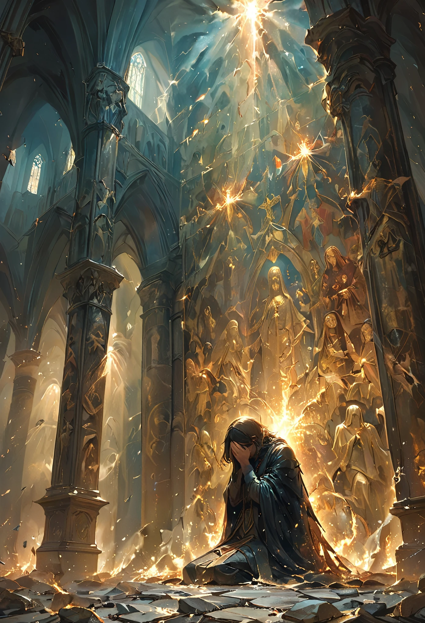 In a dimly lit cathedral, with towering stone columns and high-vaulted ceilings, a solitary figure kneels before a massive statue of a deity, their hands clasped tightly in prayer, a tattered black cloak drapes over their shoulders, hiding their face, a single beam of moonlight shines down from a broken window above, casting an eerie glow on their hunched form, their voice is a soft whisper, filled with curses and pleas for vengeance, the walls are adorned with faded religious murals, depicting scenes of both salvation and suffering, the silence of the cathedral is heavy, almost suffocating, as the figure’s voice becomes a growl, filled with anger and desperation.