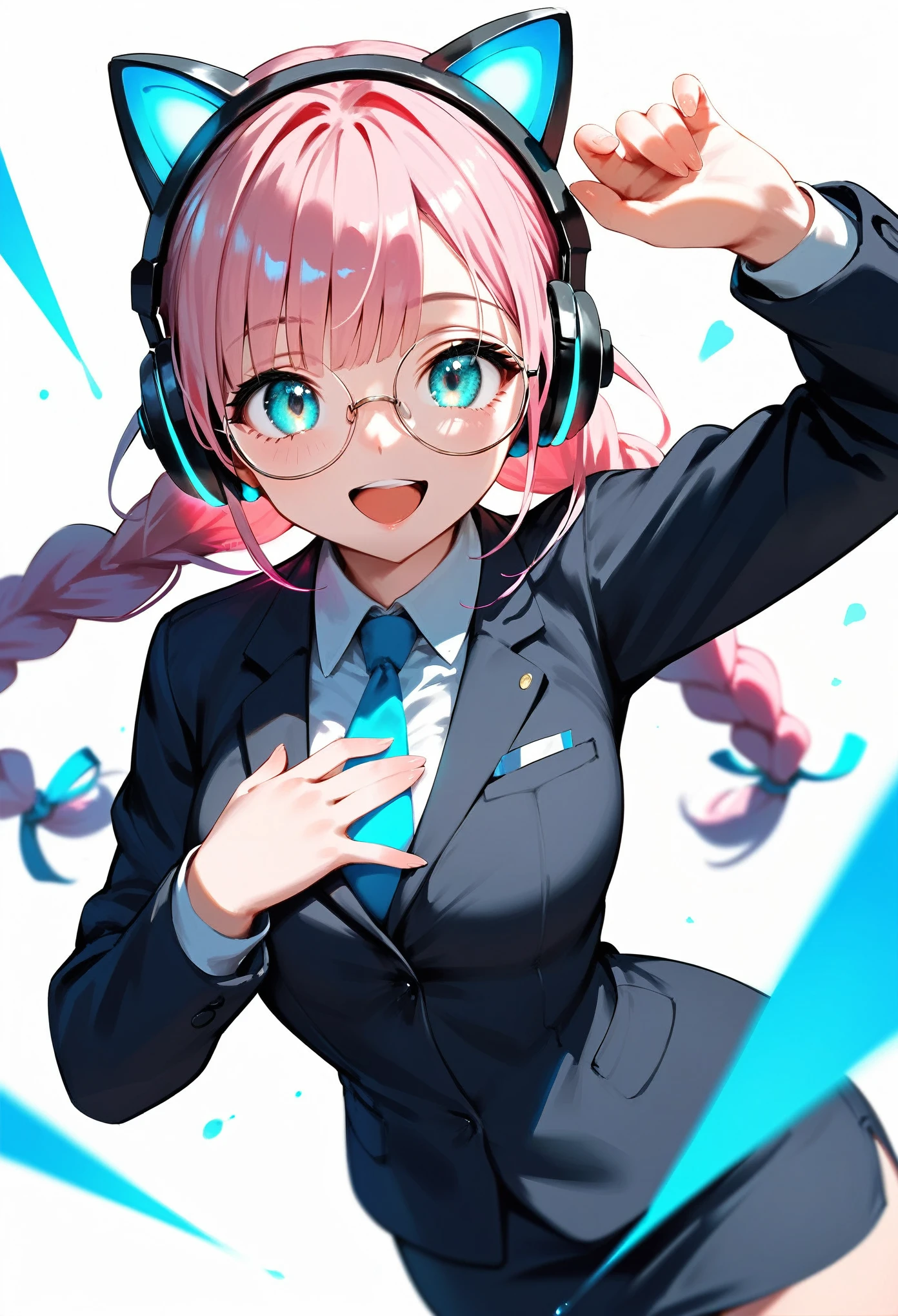  (best quality:1.2), (ultra-detailed:1.2), (2.5D:1.2), (Anime Moe Art Style), 1girl , pink hair,  Cyan eyes, gradient eyes, twin braids, blue Glowing cat ear headphones, black round glasses, secretary suit, smile beam, open mouth, hand on own chest, dynamic pose, white background, 