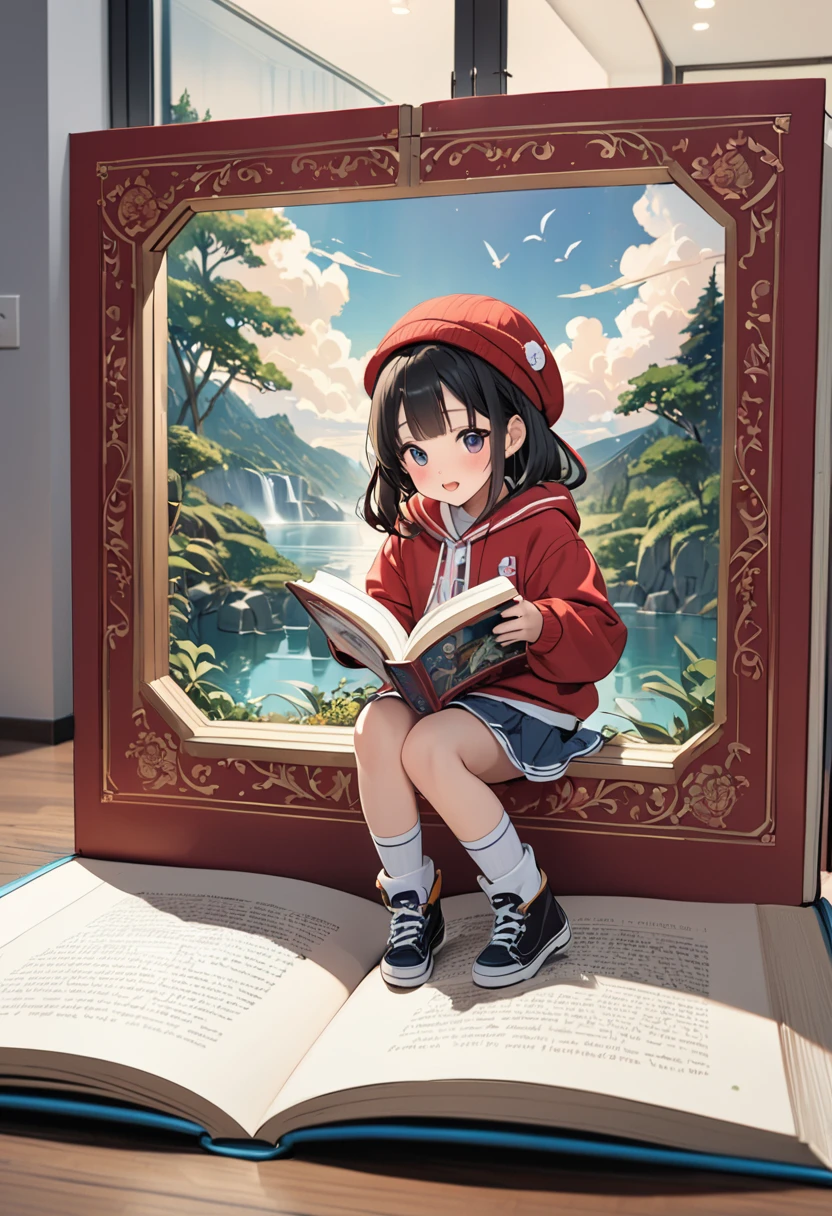 (((minimalist lines))),A 9-****-*** girl in a red hat, detailed face, sitting on a big rock, reading a book, a simple log cabin, the sun shines on the roof through the forest, on the grass, warm colors