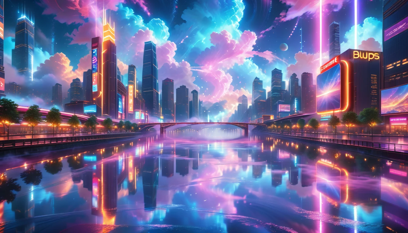 A Masterpiece In 32K Resolution, Supreme Quality, Super Detail, Official Art, Very High-Resolution 32K Wallpaper, Beautiful And Aesthetic, Ultra-Detailed Features, Awe-Inspiring Detail. A Vibrant, Glowing City At Night-Skyscrapers With Dazzling Lights Illuminate The Skyline, Their Reflections Shimmering In A Serene River That Flows Through The City. Above, Nebula-Like Clouds Swirl, And The Night Sky Is Alive With Stars And Distant Galaxies. The Streets Below Pulse With Bioluminescent Energy, Lined With Futuristic Buildings That Glow In Radiant Hues. Soft Mist Rises From The River, Catching The Glow Of The City Lights, As Neon Signs And Holographic Billboards Cast Dynamic, Colorful Patterns On The Surroundings, Creating A Dreamlike, Enchanted Atmosphere. The Entire City Is Bathed In A Surreal Radiance, Blending Technology And Magic Under The Moonlit Sky.