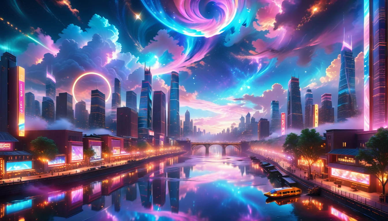 A Masterpiece In 32K Resolution, Supreme Quality, Super Detail, Official Art, Very High-Resolution 32K Wallpaper, Beautiful And Aesthetic, Ultra-Detailed Features, Awe-Inspiring Detail. A Vibrant, Glowing City At Night-Skyscrapers With Dazzling Lights Illuminate The Skyline, Their Reflections Shimmering In A Serene River That Flows Through The City. Above, Nebula-Like Clouds Swirl, And The Night Sky Is Alive With Stars And Distant Galaxies. The Streets Below Pulse With Bioluminescent Energy, Lined With Futuristic Buildings That Glow In Radiant Hues. Soft Mist Rises From The River, Catching The Glow Of The City Lights, As Neon Signs And Holographic Billboards Cast Dynamic, Colorful Patterns On The Surroundings, Creating A Dreamlike, Enchanted Atmosphere. The Entire City Is Bathed In A Surreal Radiance, Blending Technology And Magic Under The Moonlit Sky.