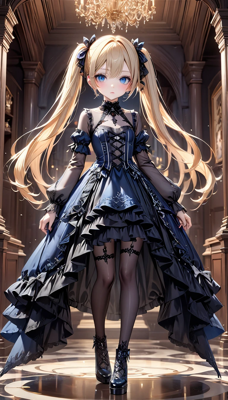 Beautiful attractive girl、Blonde、Twin tails、 (((Ultra-high resolution、Ultra high definition、Highest Settings、８k、)))、Small breasts、clear、((Full body drawing))、４k、((Gothic fashion with delicate designs、Black with white accents、))、(CG Art)、(((stand up)))、Rooms in the mansion、Shiny beautiful hair、Focus、Beautiful blue eye detailed、Small Face、Beautiful clean skin、
