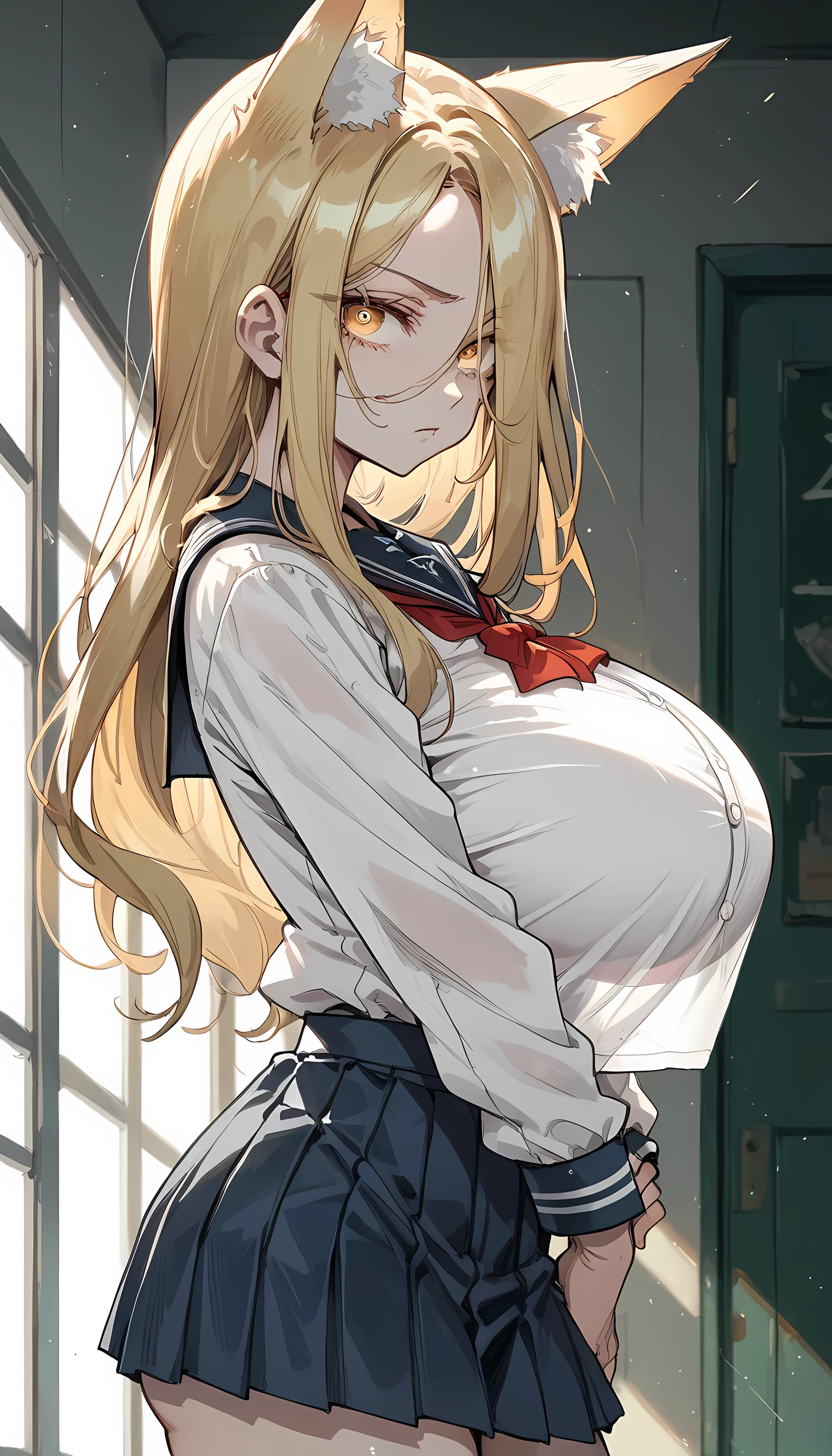 Cold Stare,(Fox Ears),(forehead,long hair over one eye),((side parted hair)),((huge breasts)),((Narrow eyes,Clear Eyes,Perfect Eyes)),Blonde,Long Hair,Old room,Magic School Uniform,Delinquent Girl,gal,mini skirt, clothes are exposed,from side,from front