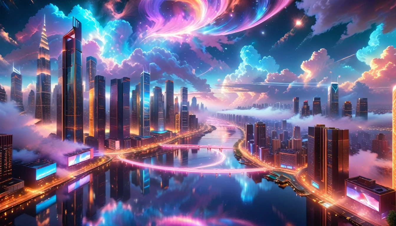 A Masterpiece In 32K Resolution, Supreme Quality, Super Detail, Official Art, Very High-Resolution 32K Wallpaper, Beautiful And Aesthetic, Ultra-Detailed Features, Awe-Inspiring Detail. A Vibrant, Glowing City At Night-Skyscrapers With Dazzling Lights Illuminate The Skyline, Their Reflections Shimmering In A Serene River That Flows Through The City. Above, Nebula-Like Clouds Swirl, And The Night Sky Is Alive With Stars And Distant Galaxies. The Streets Below Pulse With Bioluminescent Energy, Lined With Futuristic Buildings That Glow In Radiant Hues. Soft Mist Rises From The River, Catching The Glow Of The City Lights, As Neon Signs And Holographic Billboards Cast Dynamic, Colorful Patterns On The Surroundings, Creating A Dreamlike, Enchanted Atmosphere. The Entire City Is Bathed In A Surreal Radiance, Blending Technology And Magic Under The Moonlit Sky.