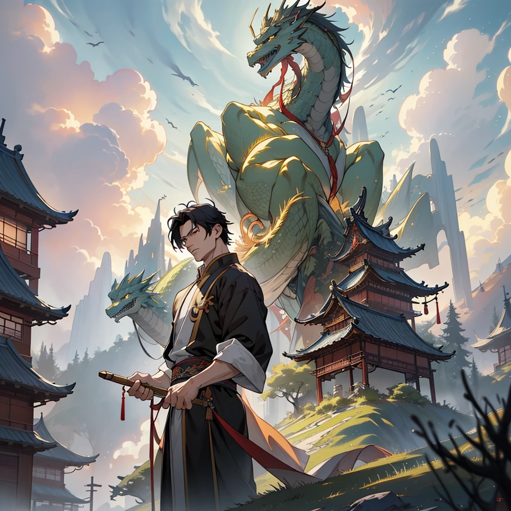 The background is a very magnificent Chinese-style building，pines，Clouds，The color atmosphere is strong，In the foreground is a man with a golden hoop rod，A circling dragon in the middle，4k quality，Manhwa Style，Light effects shine through the middle of the clouds，Chinese mythology