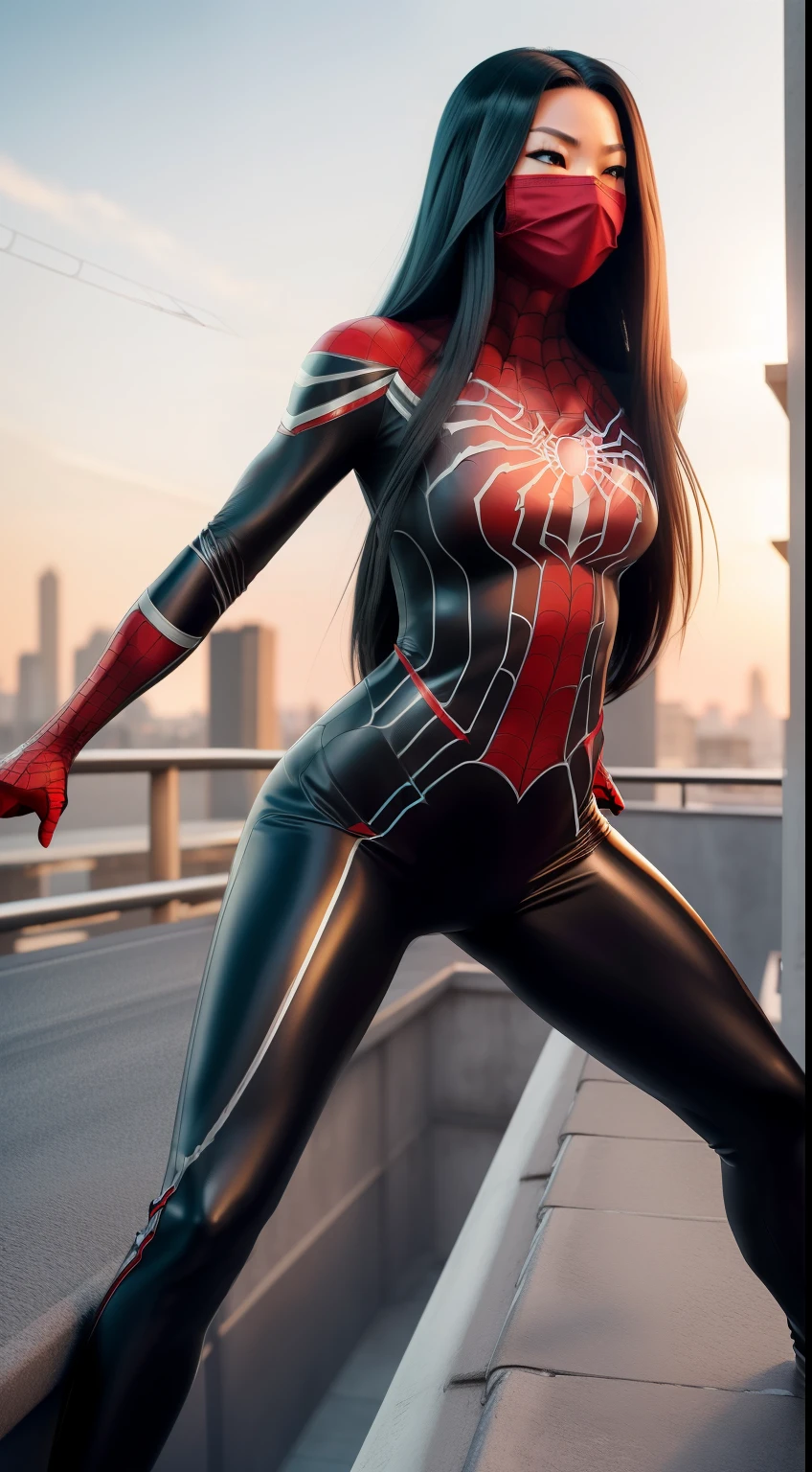 Cindy Moon, Silk, posing on a roof, wears a (black form-fitting spider-man bodysuit) with a sleek, textured (web-like white patterns), the suit covers her entire body, including her arms, legs, and torso, suit includes a (red spider emblem) on the chest, wears a (red mask) that covers her head, leaving only her eyes and mouth exposed, (long, flowing black hair), (full body render), (full body view), fine detail, hyper realistic, HD, 4K, definition, texture, perfect detail, perfect face, beautiful, hyperrealism, trending on artstation