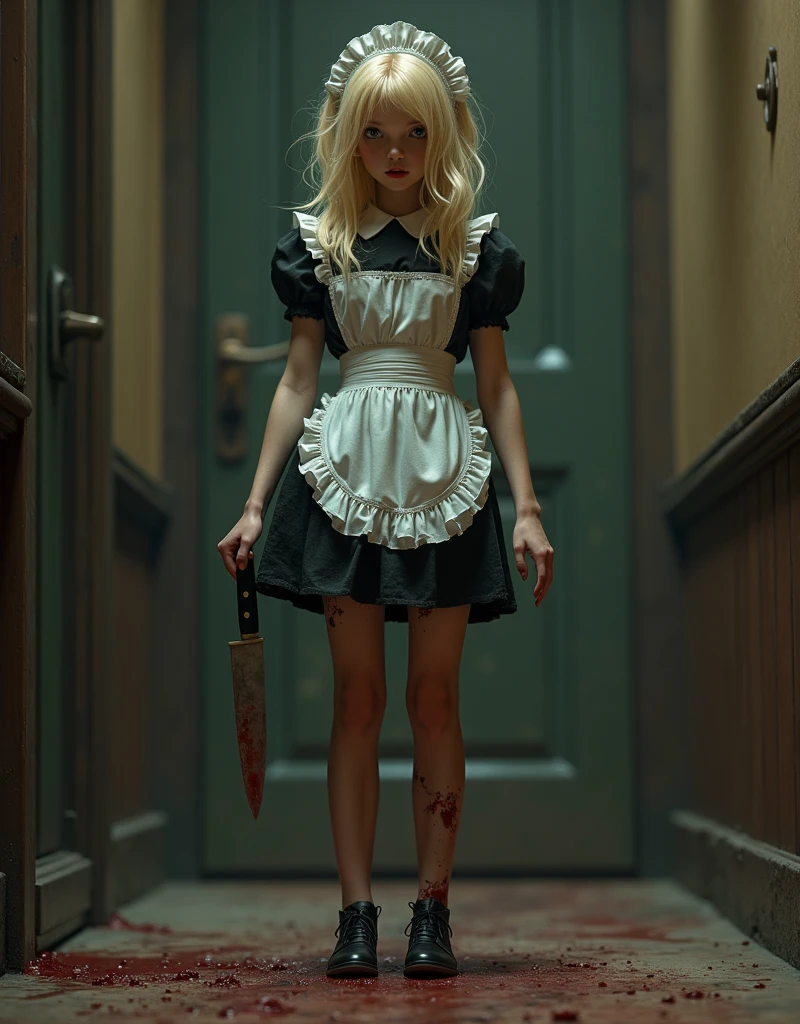 14-year-old girl in maid outfit with tiny breasts (Gothic style) torn skirt golden body proportion messy blond hair (inner splayed feet) (very detailed CG unity 8k wallpaper) small breasts torn skirt ruddy and shy, classic horror movie vibe, euro-sleaze, blood spatters, kitchen knife, intricate, tall detailed, accurate, dramatic realism art, cg, 3d, 8k 4k, human hand on the floor