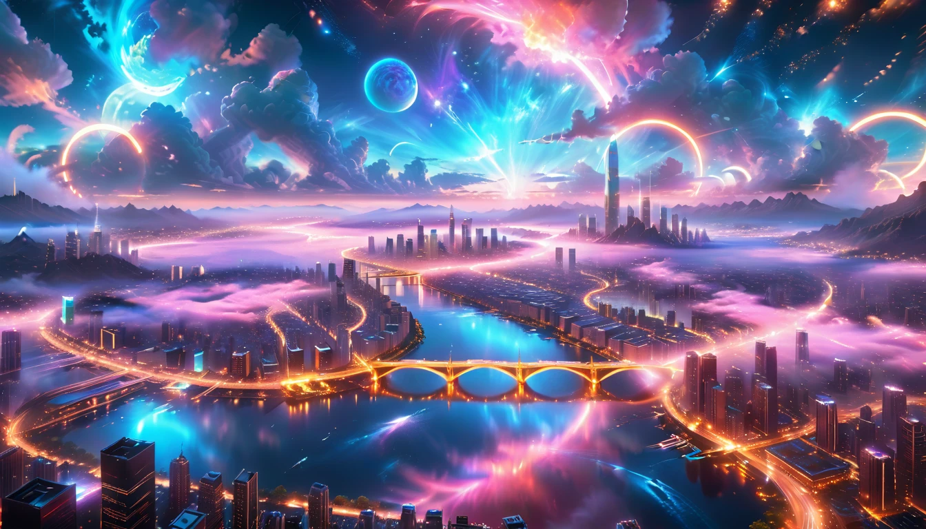 A Masterpiece In 32K Resolution, Supreme Quality, Super Detail, Official Art, Very High-Resolution 32K Wallpaper, Beautiful And Aesthetic, Ultra-Detailed Features, Awe-Inspiring Detail. A Vibrant, Glowing City At Night-Skyscrapers With Dazzling Lights Illuminate The Skyline, Their Reflections Shimmering In A Serene River That Flows Through The City. Above, Nebula-Like Clouds Swirl, And The Night Sky Is Alive With Stars And Distant Galaxies. The Streets Below Pulse With Bioluminescent Energy, Lined With Futuristic Buildings That Glow In Radiant Hues. Soft Mist Rises From The River, Catching The Glow Of The City Lights, As Neon Signs And Holographic Billboards Cast Dynamic, Colorful Patterns On The Surroundings, Creating A Dreamlike, Enchanted Atmosphere. The Entire City Is Bathed In A Surreal Radiance, Blending Technology And Magic Under The Moonlit Sky.