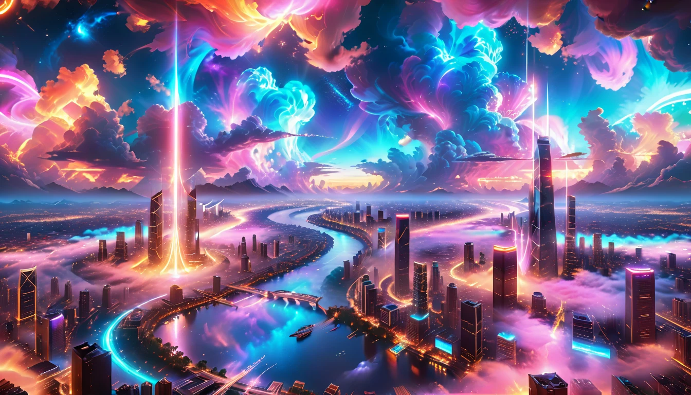 A Masterpiece In 32K Resolution, Supreme Quality, Super Detail, Official Art, Very High-Resolution 32K Wallpaper, Beautiful And Aesthetic, Ultra-Detailed Features, Awe-Inspiring Detail. A Vibrant, Glowing City At Night-Skyscrapers With Dazzling Lights Illuminate The Skyline, Their Reflections Shimmering In A Serene River That Flows Through The City. Above, Nebula-Like Clouds Swirl, And The Night Sky Is Alive With Stars And Distant Galaxies. The Streets Below Pulse With Bioluminescent Energy, Lined With Futuristic Buildings That Glow In Radiant Hues. Soft Mist Rises From The River, Catching The Glow Of The City Lights, As Neon Signs And Holographic Billboards Cast Dynamic, Colorful Patterns On The Surroundings, Creating A Dreamlike, Enchanted Atmosphere. The Entire City Is Bathed In A Surreal Radiance, Blending Technology And Magic Under The Moonlit Sky.