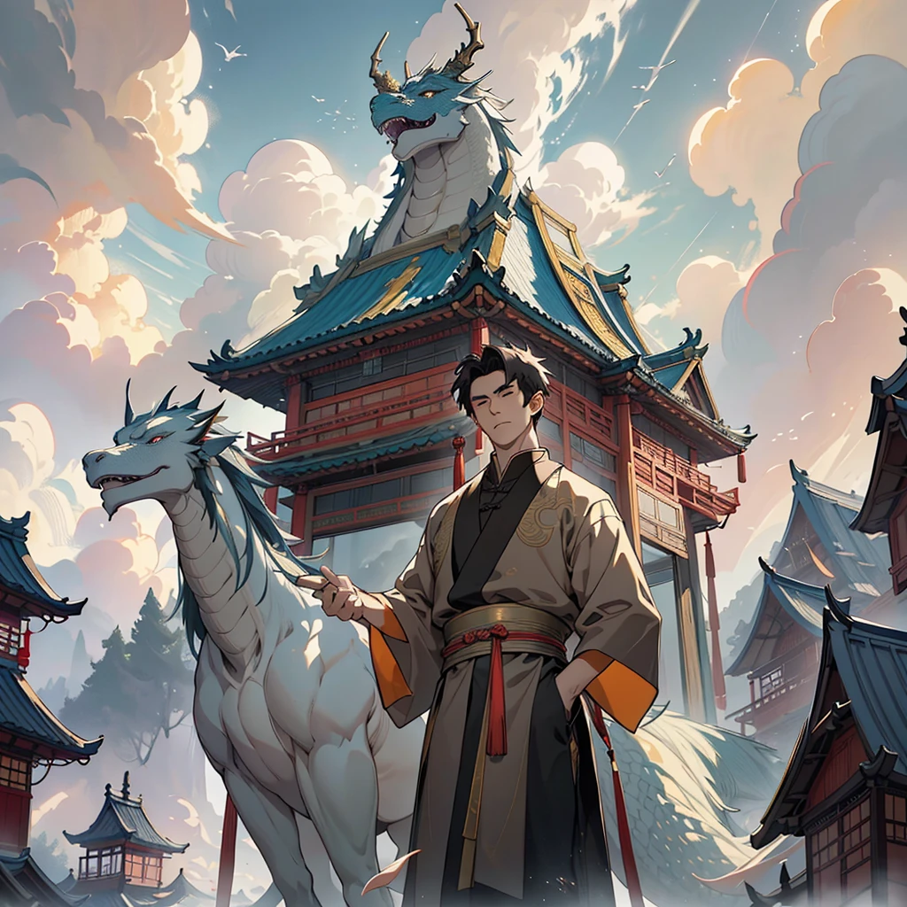 The background is a very magnificent Chinese-style building，pines，Clouds，The color atmosphere is strong，In the foreground is a man with a golden hoop rod，A circling dragon in the middle，4k quality，Manhwa Style，Light effects shine through the middle of the clouds，Chinese mythology