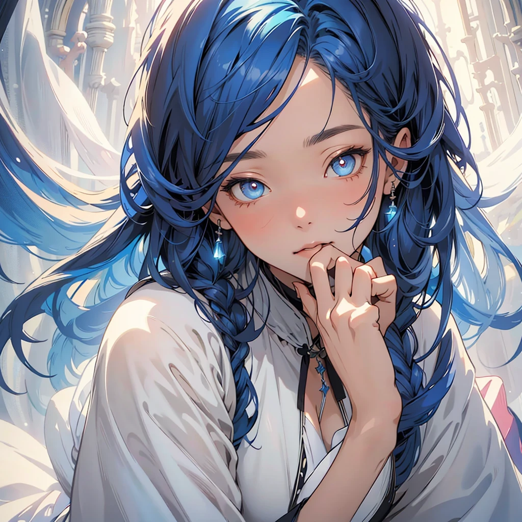 "(best quality, highres), blue-haired girl with long hair, close-up of her face, wearing a white skirt, detailed eyes and face, vibrant colors, soft lighting, digital illustration, ethereal atmosphere