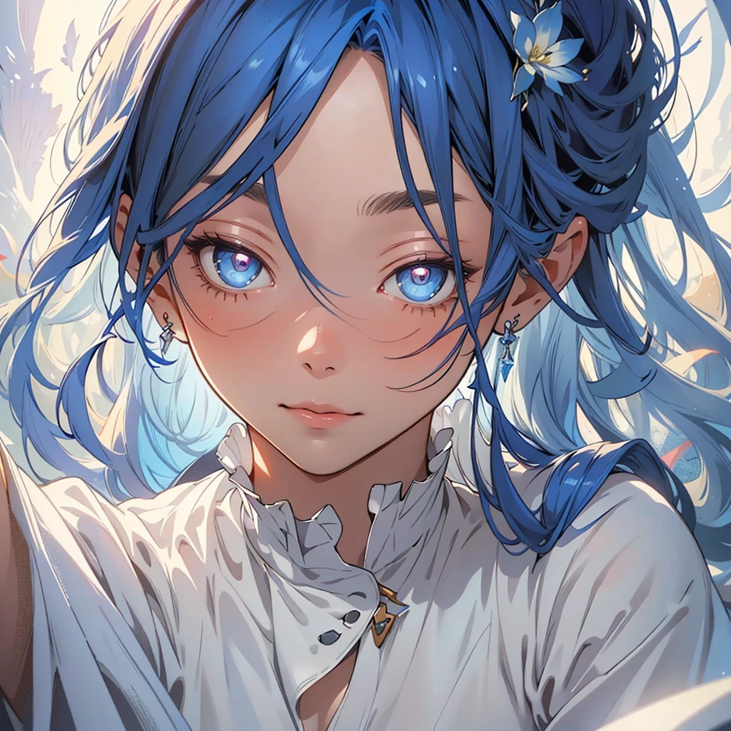 "(best quality, highres), blue-haired girl with long hair, close-up of her face, wearing a white skirt, detailed eyes and face, vibrant colors, soft lighting, digital illustration, ethereal atmosphere