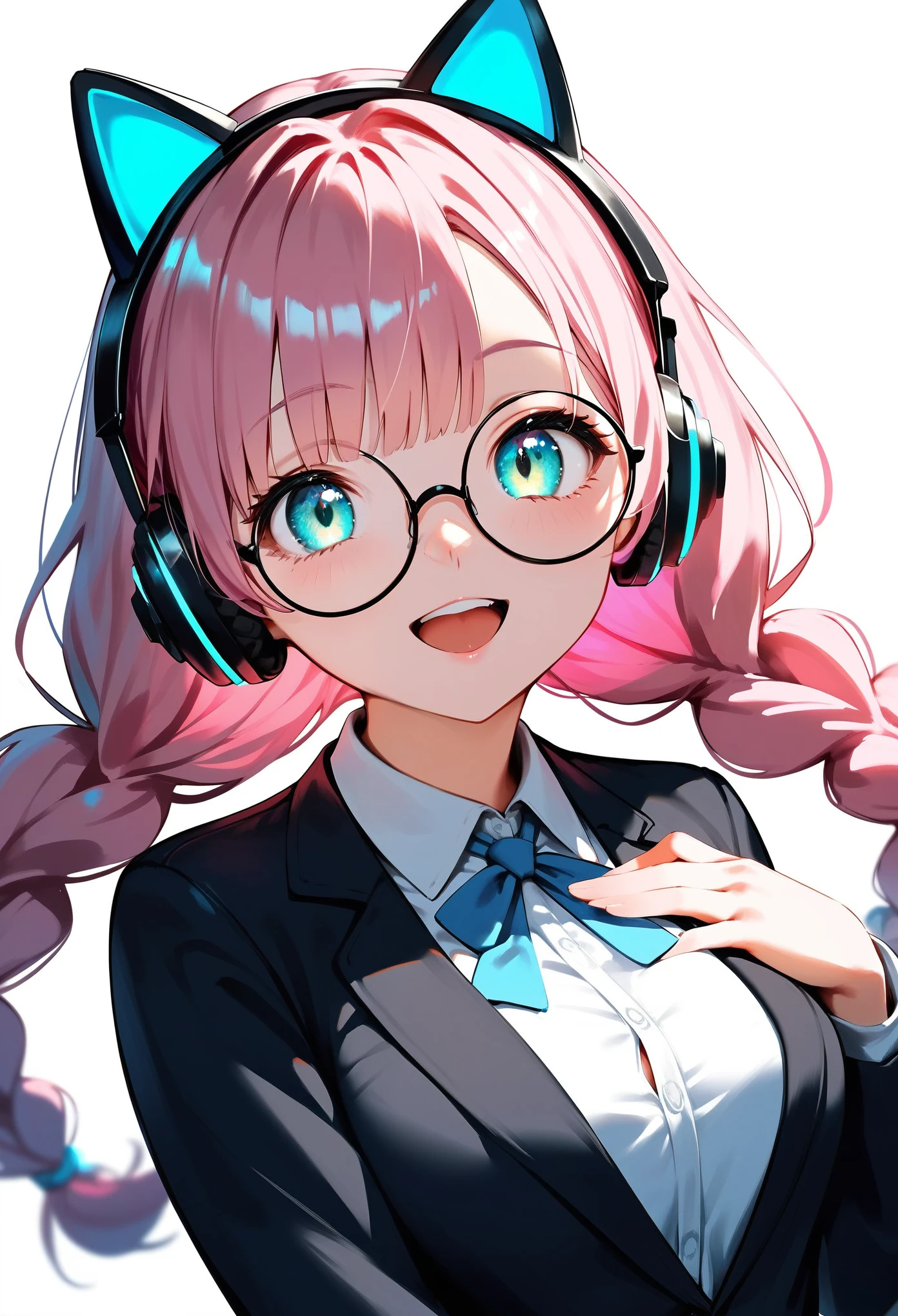  (best quality:1.2), (ultra-detailed:1.2), (2.5D:1.2), (Anime Moe Art Style), 1girl , pink hair,  Cyan eyes, gradient eyes, twin braids, blue Glowing cat ear headphones, black round glasses, secretary suit, smile beam, open mouth, hand on own chest, dynamic pose, white background, 