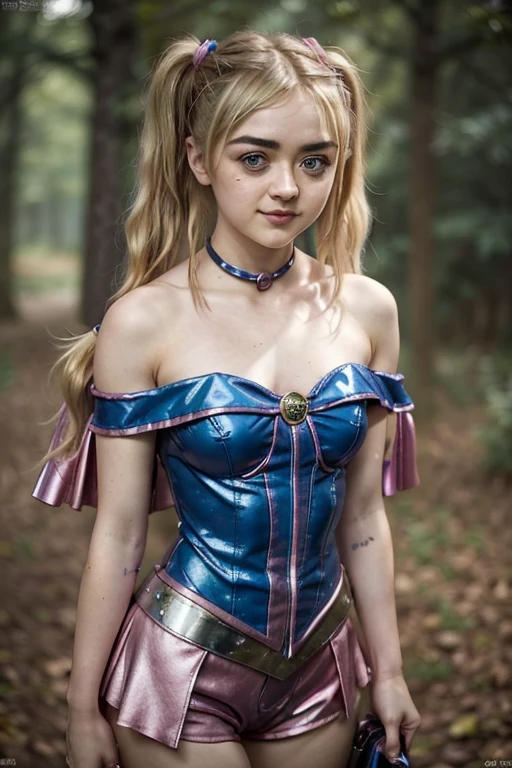 young blonde maisie williams in a dark magician girl costume, (pink and blue outfit, bare shoulders, short outfit, shiny outfit, strapless), (very long hair, blonde hair, straight hair, very_long_pigtails), stunning sexy pose, magic_background, (beautiful face, gentle closed-mouth grin), high resolution, female, 4k, cowboy_shot 