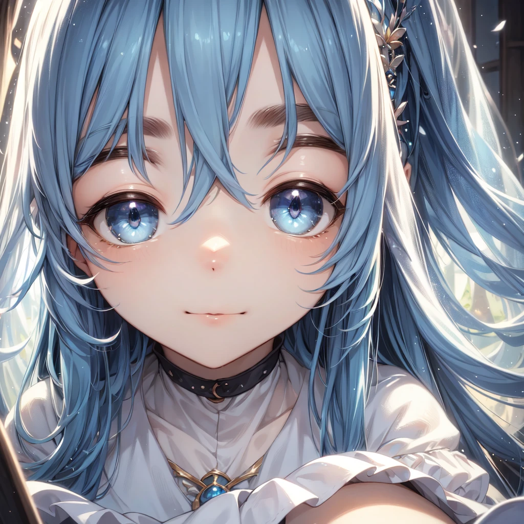 "(best quality, highres), blue-haired girl with long hair, close-up of her face, wearing a white skirt, detailed eyes and face, vibrant colors, soft lighting, digital illustration, ethereal atmosphere